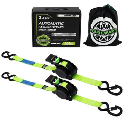 Obrázek produktu pro Popruhy s háky ve tvaru "S", automaticky navíjecí, délka 3,6 m, šířka 25 mm, nosnost 340 kg / 680 kg, 2 kusy, zelené