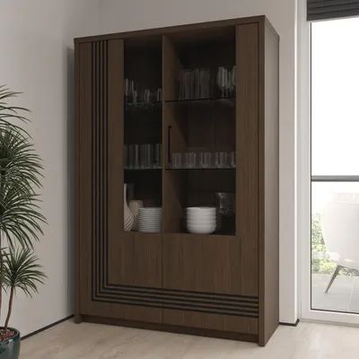 Produktbild von Forte EUFEMIUS Vitrine 120, moderner Vitrinenschrank mit dekorativer Fräsung, 2 Türen, Dunkelbraun|Schwarz Eiche Holzdekor, 116,5 cm breit x 172,7 cm hoch x 41,6 cm tief