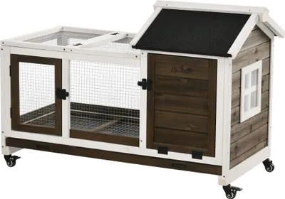Zdjęcie produktu dla Klatka dla królika miniaturowego PawHut wykonana z drewna, 108 x 58 x 73,5 cm, klatka dla małych zwierząt z wybiegiem na zewnątrz, kółkami, składanym dachem, klatka dla królika miniaturowego z wysuwaną tacką do użytku wewnątrz i na zewnątrz,