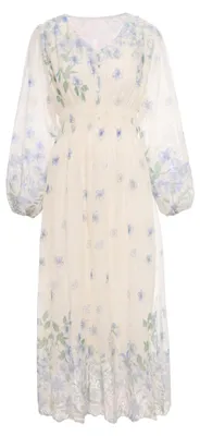 Produktbild von Damen fließendes Maxi Kleid mit V-Ausschnitt und Bischofsärmeln, floral, blau, Gr. XS