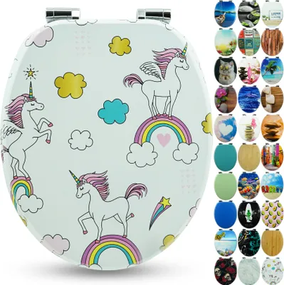 Produktbild von Sanfino® Premium WC Sitz "Unicorns" hochwertiger Toilettendeckel mit Absenkautomatik aus Holz, viele bunte Motive, einfache Montage