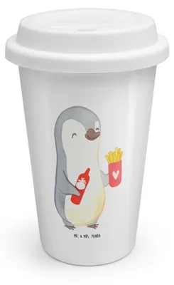 Produktbild von Mr. & Mrs. Panda To Go Becher Pinguin Pommes - Weiß - Geschenk, Freund, Valentinstag, für Freundin, Thermobecher, Frauen, Keramikbecher, Kaffeebecher, Jahrestag, ToGo