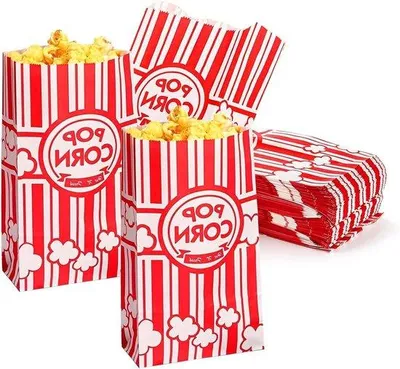Zdjęcie produktu dla Papierowe torebki na popcorn 21 x 9 cm w czerwono-białe paski