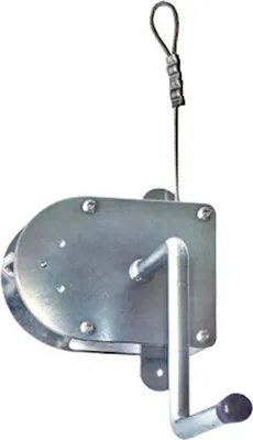A close-up studio shot of a metal winch with a crank handle and a wire rope.