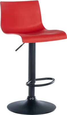 A red and black adjustable bar stool against a white background.