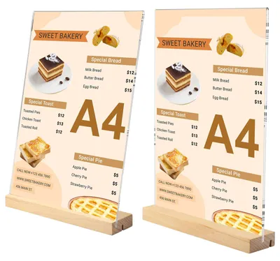 2er-Set A4 Acryl-Tischaufsteller mit Holzfuß, L&T-Form