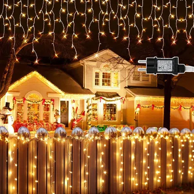 Image de Jayseuw 10M 200LEDs Chaîne de lumière pluie de glace blanc chaud, rideau de lumière de fenêtre avec 8 modes , éclairage de Noël fête balcon jardin décoration