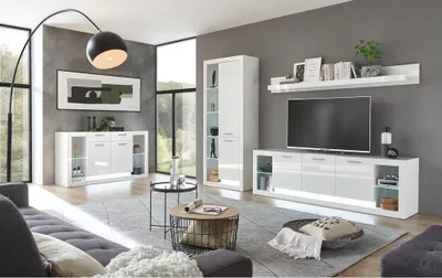 Produktbild von Modernes Wohnwand Set mit Kommode MAILAND-61 Hochglanz weiß, LED-Beleuchtung, B/H/T 298/198/43 cm
