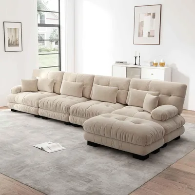 Produktbild von Modulares Ecksofa 4-Sitzer mit Ottomane, Chenille Cloud Couch L-Form, Hellbraun