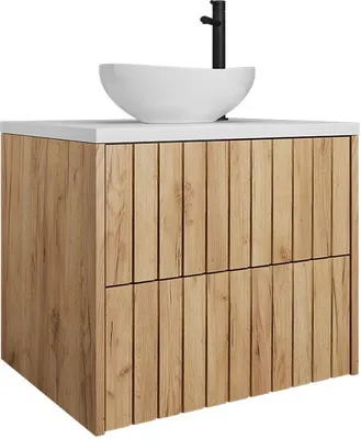 Produktbild von Easy4You Unterschrank RYFI 60 cm Eiche Gold/Weiß Matt Hängeschrank Badschrank Badezimmerschrank mit 2 Schubladen - Geriffelte Front