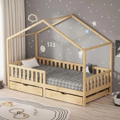 Obrázek produktu pro ML-Design dětská postel domeček postel 90x200 cm přírodní se 2 zásuvkami, dřevěná postel s ochranou proti vypadnutí, roštový rám a střecha, postel na hraní z borovicového dřeva podlahová postel