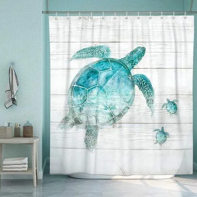Produktbild von Famanu Duschvorhang Teal mit Meeresschildkrötenmotiv - 180x180 cm