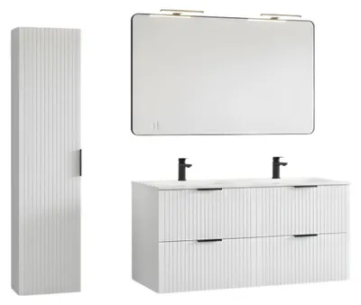 Immagine prodotto di Set bagno NOXERA 120 cm – Mobile sospeso bianco alpino con doppio lavabo incassato, specchio LED e co