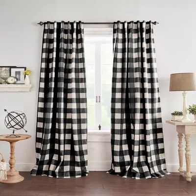 Imagen del producto de Decoración para el hogar, estilo rústico. Cortina opaca para sala de estar y dormitorio, diseño a cuadros de búfalo, con ojales para cortinero. Color: negro