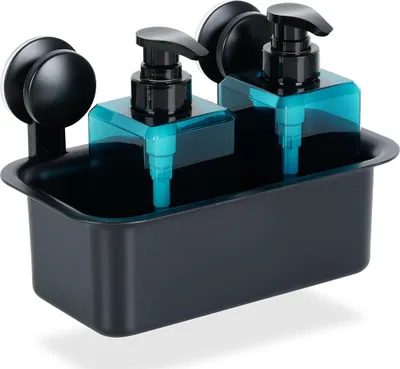 A black shower caddy with two blue soap dispensers attached via suction cups.