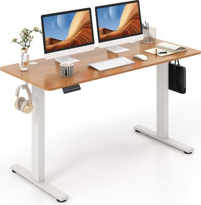 Biurko COSTWAY 140x60cm z regulacją wysokości, elektryczne biurko stojące z funkcją pamięci, 2 haczyki i prowadzenie kabli, biurko komputerowe