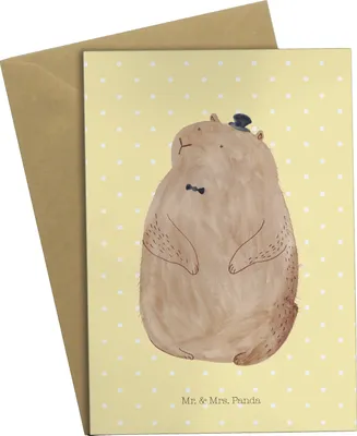 Produktbild von Mr. & Mrs. Panda Klappkarte Murmeltier - Gelb Pastell - Geschenk, Fröhlichkeit, babykarte, einladungskarten, Grußkarten, hochzeitskarten, Respekt, Anstand, osterkarte