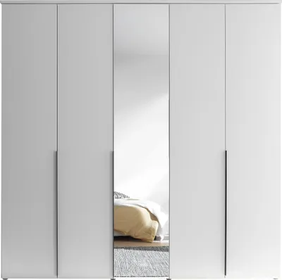 Produktbild von Drehtürenschrank KEVO in Weiß mit 4 Holztüren, 1 Spiegeltür und Kleiderstange