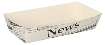 Produktbild von PAPSTAR Pommes-Frites-Trays, 3,5x7x15 cm, weiß, "Newsprint" | Schrumpffolie (50 Stück)