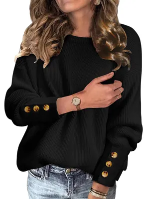 Produktbild von Damenpullover Rundhalsausschnitt Knöpfe Weich Warm Elegant Schwarz S