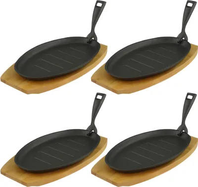 Produktbild von Servierpfanne mit Servierbrett oval 27,5 x17,5 x 2cm Gusseisen 4 Stück im Set