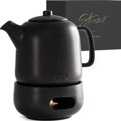 Image de STEINZEIT Théière design avec réchaud (1,3L) - avec passoire en acier inoxydable 304 - céramique avec émail unique avec passoire amovible , noir