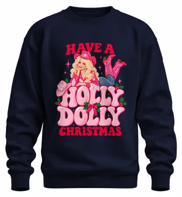 Productafbeelding van "Have A Holly Dolly Christmas" - Zweetshirt met afbeelding van Dolly Parton in countrystijl, marineblauw, maat L