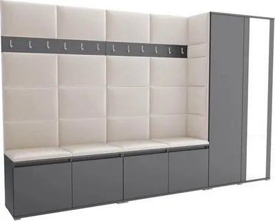 Produktbild von Garderoben-Set Noris V mit Spiegel, gepolsterte Garderobe 290 cm, Flurmöbel mit Wandpaneelen, 12 Haken und Schrank (Farbe: Anthrazit + Trinity 01)