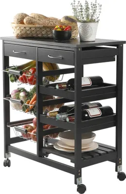 Image de Desserte de rangement noire sur roulettes – 2 tiroirs et 3 étagères, dimensions 65x35x76 cm