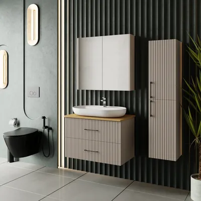 Produktbild von Badmöbel Set Liana Konsole 80 Eiche | Waschbecken | Waschtisch | Spiegelschrank