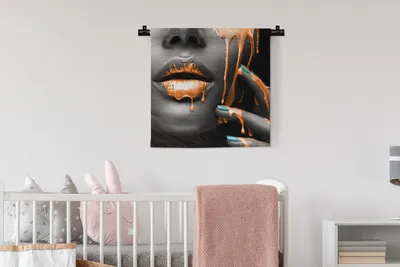 Produktbild von MuchoWow® Wandteppich Wandbehang Lippen - Orange - Schwarz 60x60 cm Tapisserie Dekoration Wandtuch - Dekorationen - Wand Decke