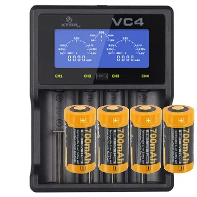 Zdjęcie produktu dla Bateria litowo-jonowa CR123 A 3,7 V, maks. 850 mAh, 4 sztuki i szybka ładowarka LCD