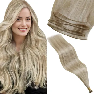 Immagine prodotto di Estensioni per capelli naturali, bionde, da applicare con cuciture, lunghezza 55 cm, peso 80g, colore #18/613, trecce invisibili