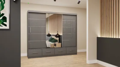 Image de Armoire à portes coulissantes Armoire penderie 250 cm semi-brillant gris/gris avec miroir Florence