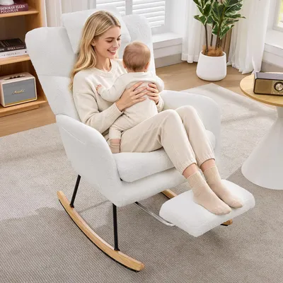 Obrázok produktu pre Kreslo Merax Teddy, hojdacie kreslo, relaxačné kreslo s podnožkou, kreslo na kojenie, hojdacie kreslo, čítacie kreslo s opierkou hlavy a bočnými vreckami, drevené sanie, biela farba