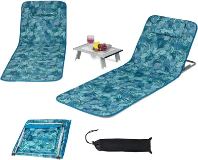 Produktbild von KOMFOTTEU 2er Set Strandmatte mit Tisch, Kopfkissen & Tasche, 3-teiliges Badematten Set, Strandliege mit 5-Fach verstellbare Rückenlehne, (Türkisblau)