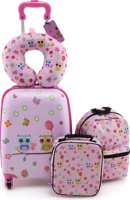 Produktbild von COSTWAY 5 teiliges Kinderkoffer + Rucksack, Kindertrolley mit Lunchbox, Gepäckanhänger & Nackenkissen (Rosa)