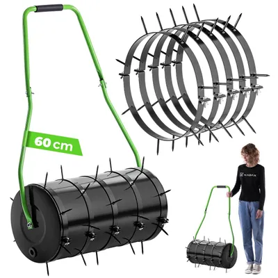 Immagine prodotto di Rullo aeratore per prato KADAX 60 cm, riempibile con acqua o sabbia, rullo per prato con chiodi da 6 cm, aeratore per prato in acciaio, rullo da giardino per un'efficace aerazione del prato
