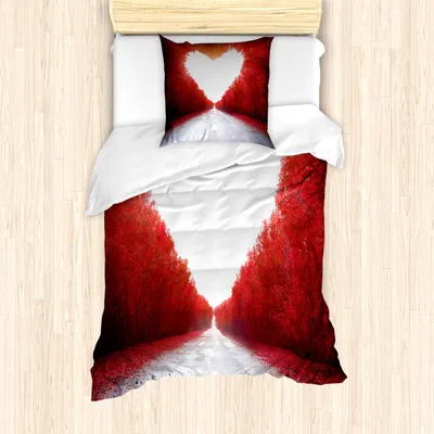 Produktbild von ABAKUHAUS Liebe Mantele, Bäume im Herbst Landschaft, Milbensicher Allergiker geeignet mit Kissenbezügen, 135 cm x 200 cm - 80 x 80 cm, rot-Weiss