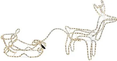 A white background with a lighted reindeer and sleigh decoration.