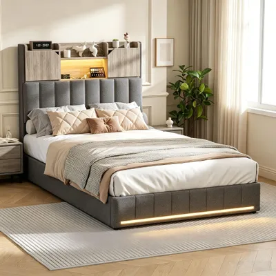 Zdjęcie produktu dla Łóżko tapicerowane INONEFT, 90 x 200 cm, łóżko dziecięce z portem USB i 2 szufladami, łóżko jednoosobowe z oświetleniem LED i stelażem, łóżko młodzieżowe, tkanina, kolor szary, bez materaca
