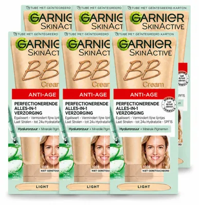 Imagen del producto de 6 unidades de crema BB antiedad Garnier SkinActive, tono claro, crema de día con color, 50 ml. Paquete económico