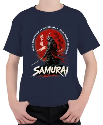 Obrázek produktu pro Samuraj, Bushido, Japonsko, Katana, Bojovník, Fuji, Slunce, Retro, Y2K, Ronin, Dětské tričko, Námořnická modř, Velikost 116