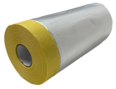 A roll of construction film with yellow masking tape attached to one end, shown on a white background.