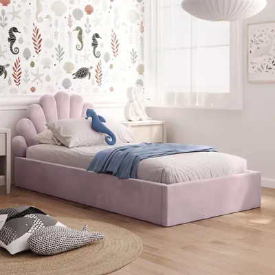 Obrázok produktu pre Detská kolektívna detská posteľ Čalúnená posteľ 90x200 cm Detská posteľ pre mládež s lamelovým roštom a kovovým rámom | čelo v tvare mušle | pre dievčenské izby a detské izby | od 4 do 18 rokov | ružový zamat