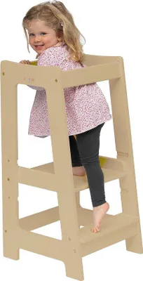 Immagine prodotto di Torre didattica per bambini piccoli, regolabile in altezza, in legno massello, verniciata, con ringhiera di sicurezza