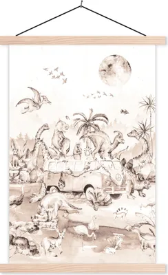 Produktbild von MuchoWow® Textilposter Dinosaurier - Bus - Kinder - Tiere - Bäume 40x60 cm mit holzfarbenen Rahmen - Poster
