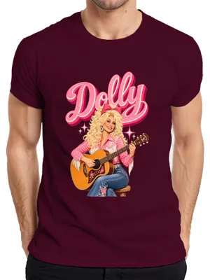 Imagen del producto de Camiseta para hombre con diseño de Dolly Parton, cantante de música country, con motivos de guitarra, vaquera, estilo western y retro. Color: burdeos. Talla: XL