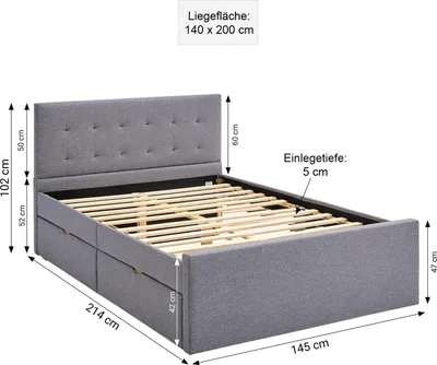 Produktbild von Homestyle4u Polsterbett 140x200 mit Lattenrost Grau Doppelbett Bettgestell 2 Schubladen Stauraum