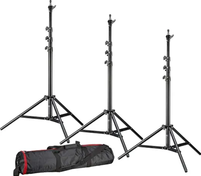 Produktbild von Bresser Lampenstativ 3er Set, Aluminium, Luftfederung, 82-240 cm Höhe, Spigotadapter, inkl. Transporttasche und Schulterriemen